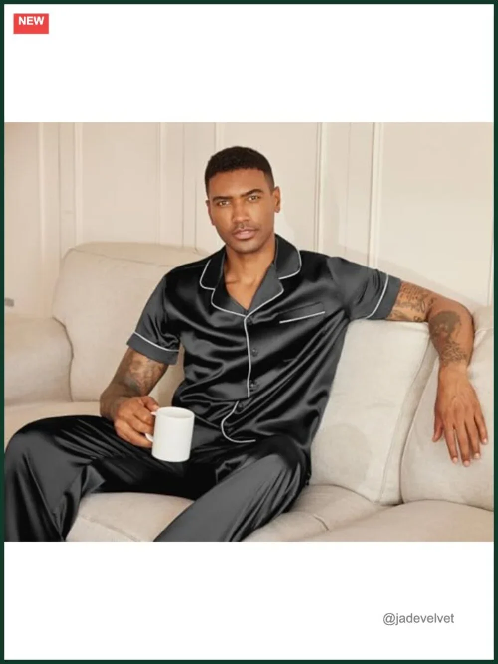 Mens Satin Pajama Set Short Sleeve Button Down Sleepwear Loungewear with Long